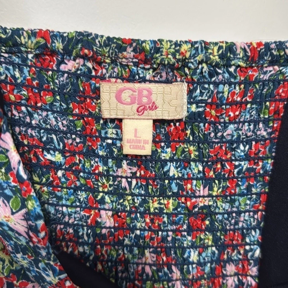 GB girls Short Sleeve Square Neck Smocked back Multi Colored Floral Dress size L